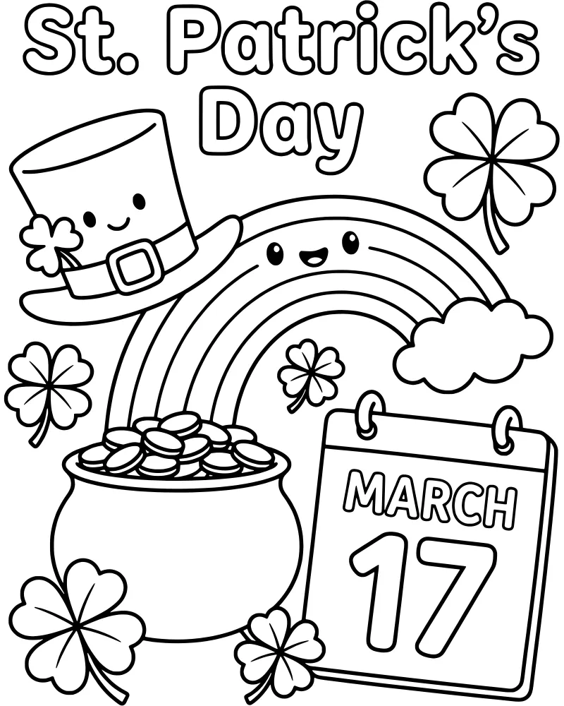 A cartoon St. Patrick's Day scene with a pot of gold at the end of a rainbow, a leprechaun hat, and a March 17 calendar.