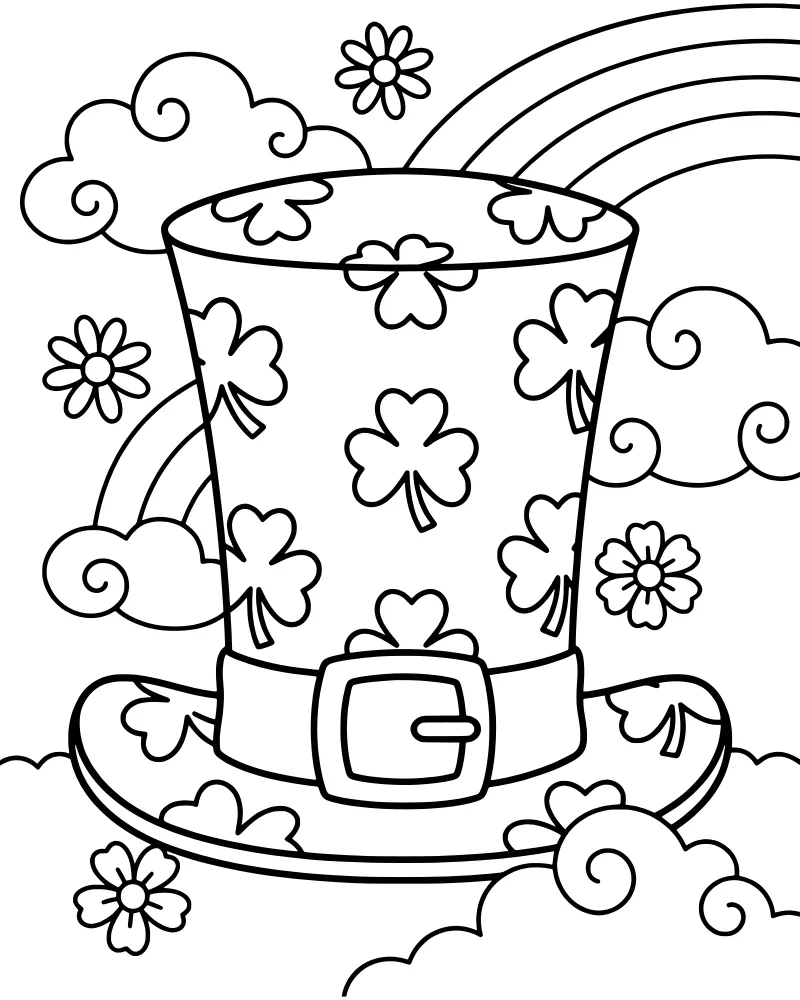 A cartoon leprechaun hat with a buckle and shamrocks in front of a rainbow and clouds with small flowers.
