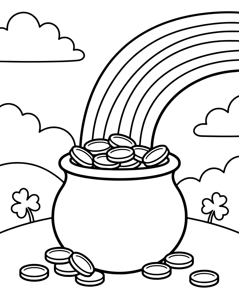 A cartoon pot of gold coins at the end of a rainbow with clouds, rolling hills, and shamrocks.