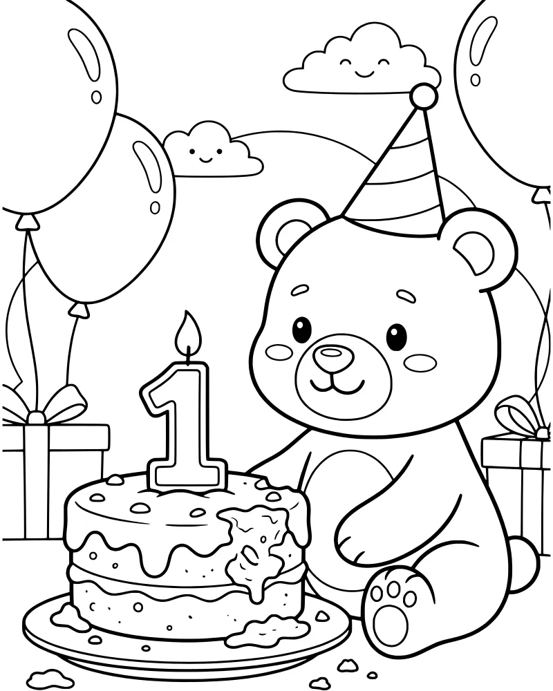 Cartoon teddy bear in a party hat sitting next to a birthday cake with a number one candle, balloons, and gifts.
