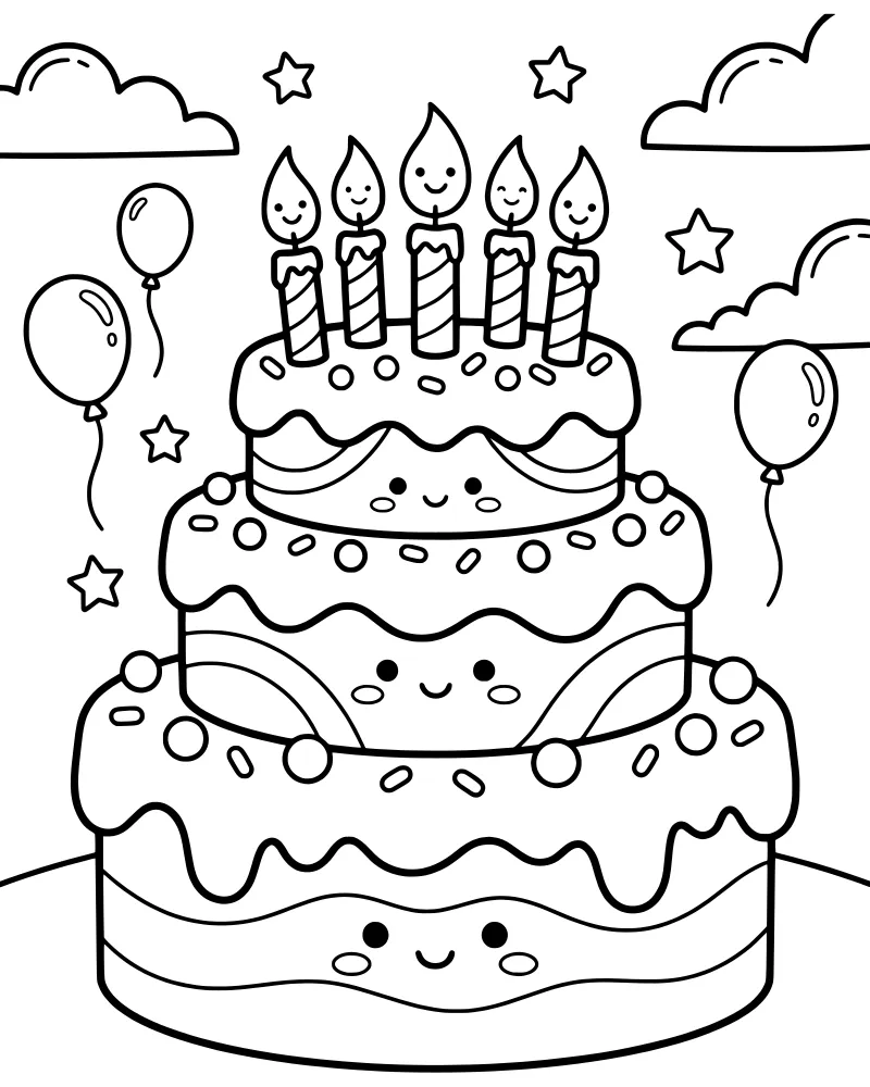 A cartoon three-tier birthday cake with five lit candles, surrounded by floating balloons, stars, and fluffy clouds.