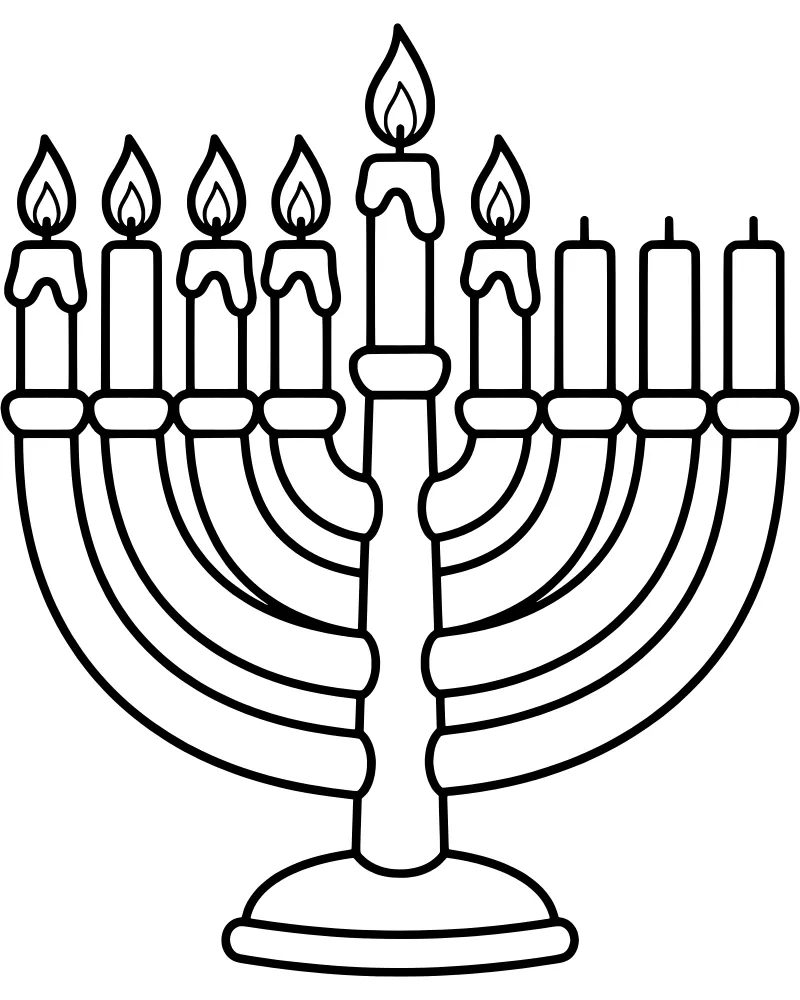 A simple line drawing of a nine-branched Hanukkah menorah with lit candles and flickering flames on a white background.