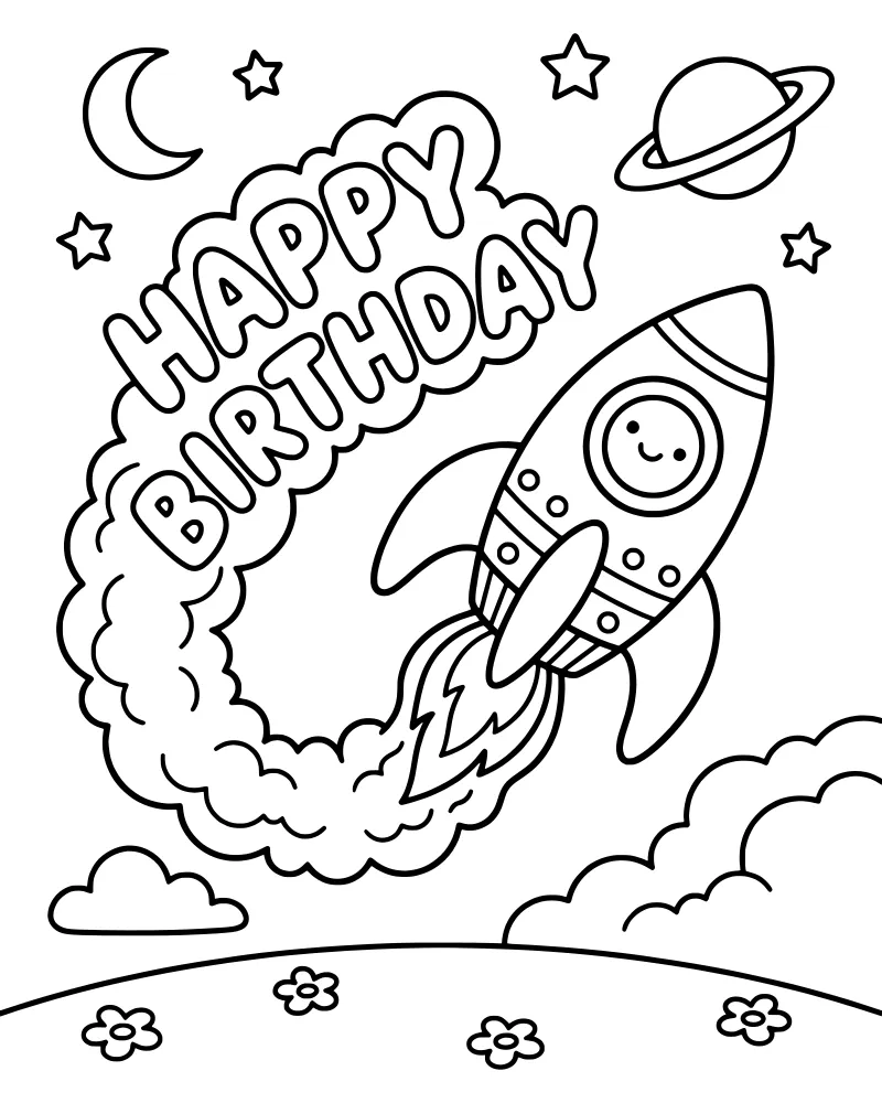 A cartoon rocket launching into space with Happy Birthday text, surrounded by a moon, stars, and flowers on the ground.