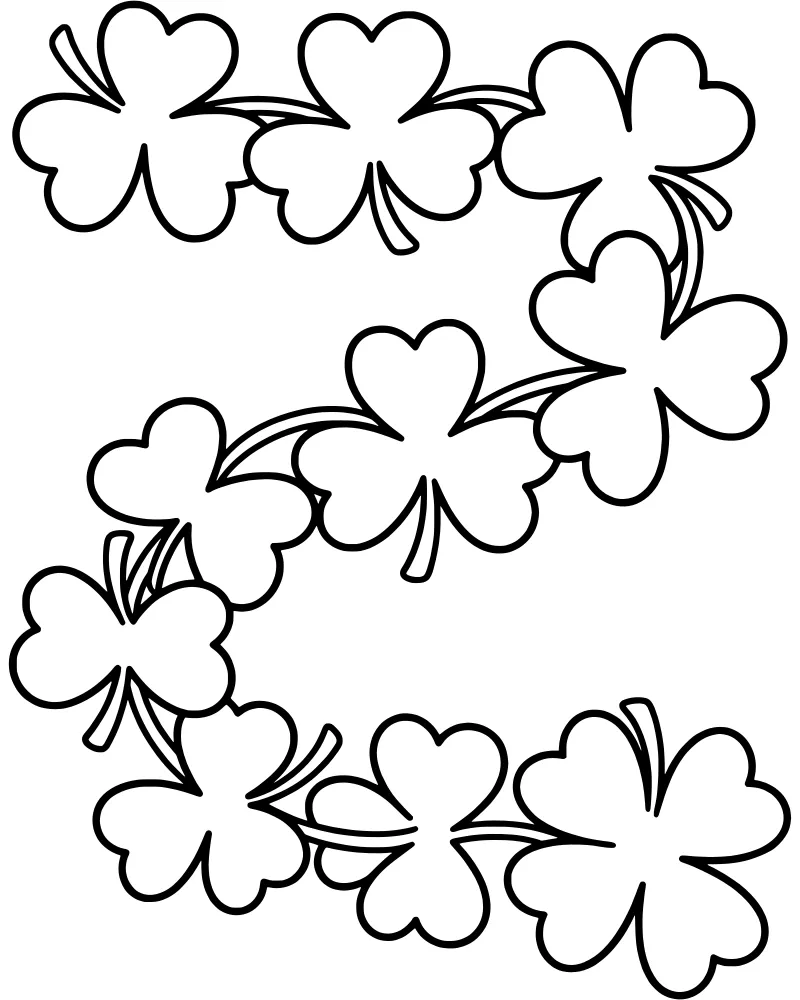 A cartoon winding garland of shamrocks and clover leaves arranged in a serpentine pattern.
