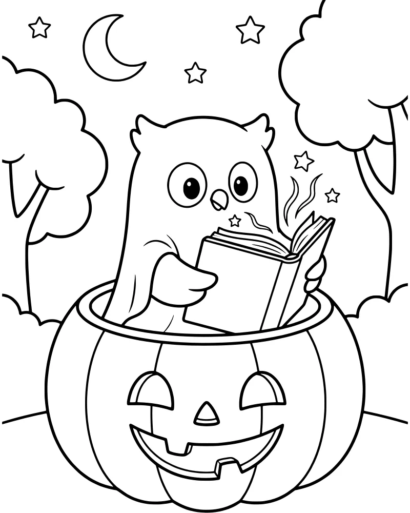A cartoon owl wearing a ghost costume and reading a book while sitting inside a carved jack-o'-lantern under a crescent moon and stars.