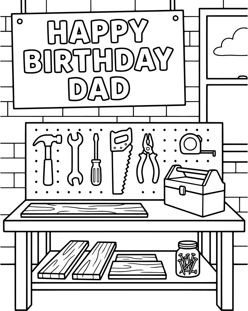 A cartoon workshop scene with a Happy Birthday Dad banner, various hand tools, and a wooden workbench against a brick wall.