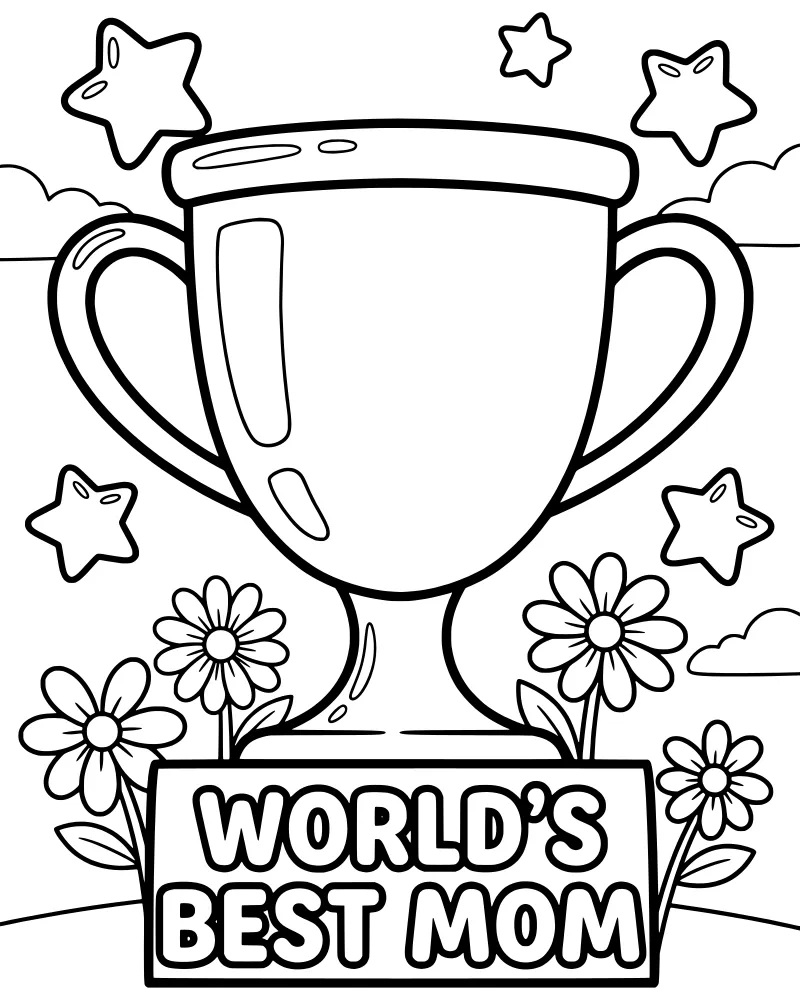 A cartoon trophy with a sign saying World's Best Mom surrounded by flowers, stars, and clouds.