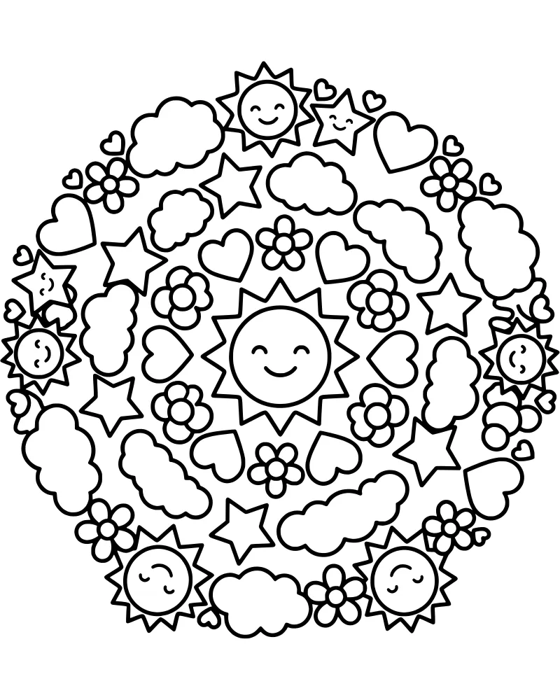 A circular cartoon mandala featuring a smiling sun in the center surrounded by clouds, stars, hearts, and flowers.