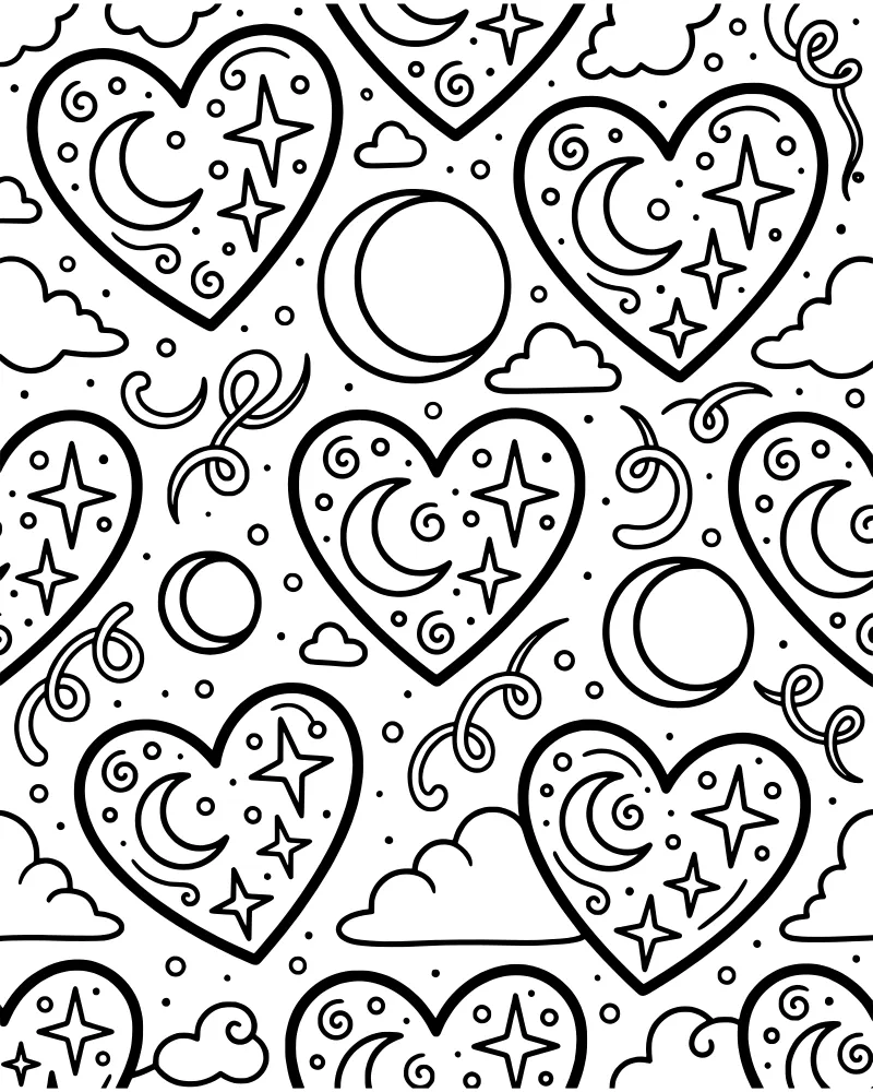 Cartoon night sky with celestial hearts, stars, crescent moon, and clouds.