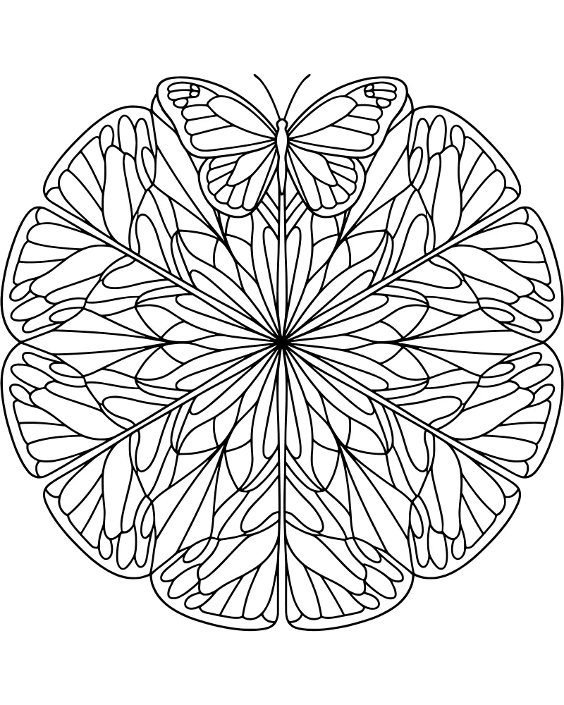 A detailed butterfly resting on a circular geometric mandala with petal shapes and patterns.
