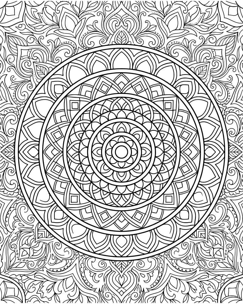 A complex symmetrical mandala with concentric rings, geometric shapes, and floral petal patterns.
