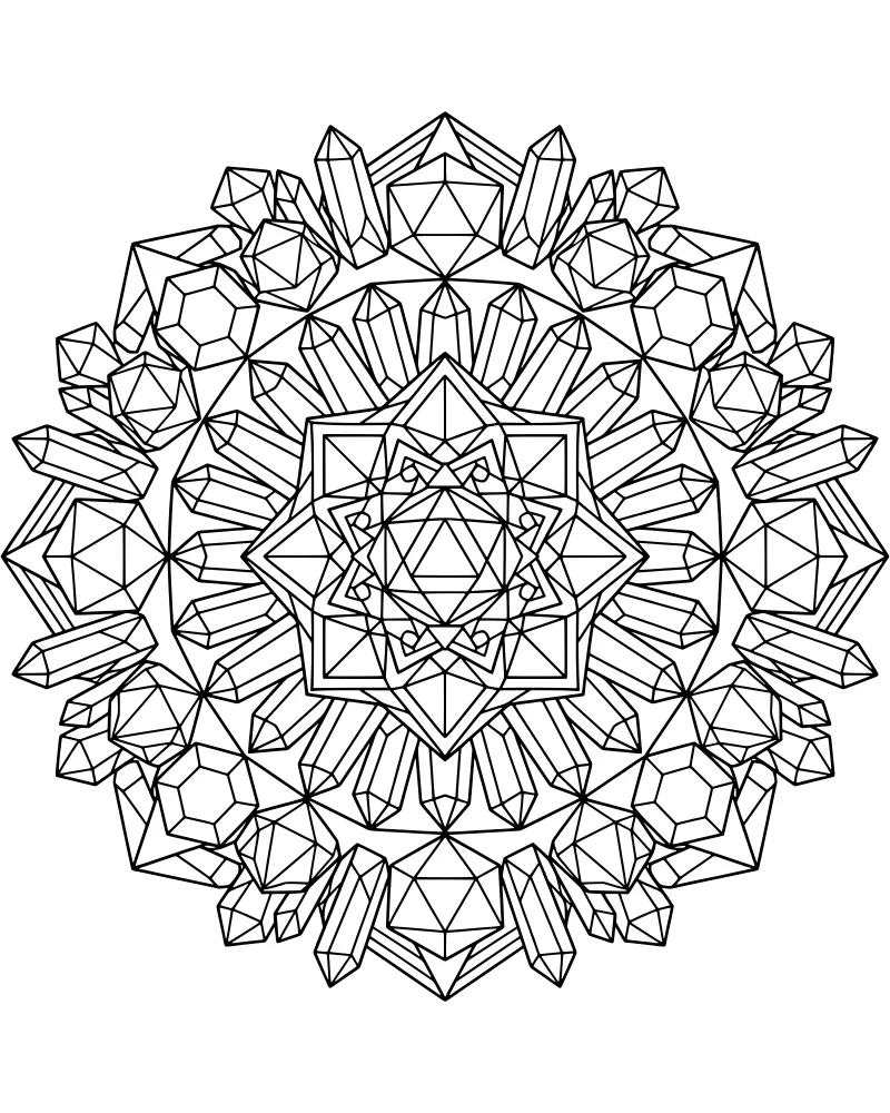 A symmetrical circular mandala made of faceted crystals, geometric star patterns, and intricate shapes in a dense line style.
