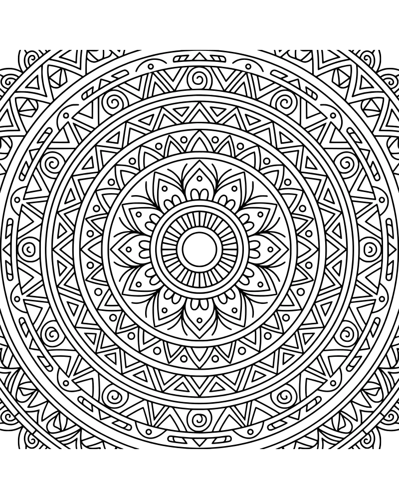 A circular mandala with intricate geometric patterns including spirals, triangles, and petals radiating from a central circle.