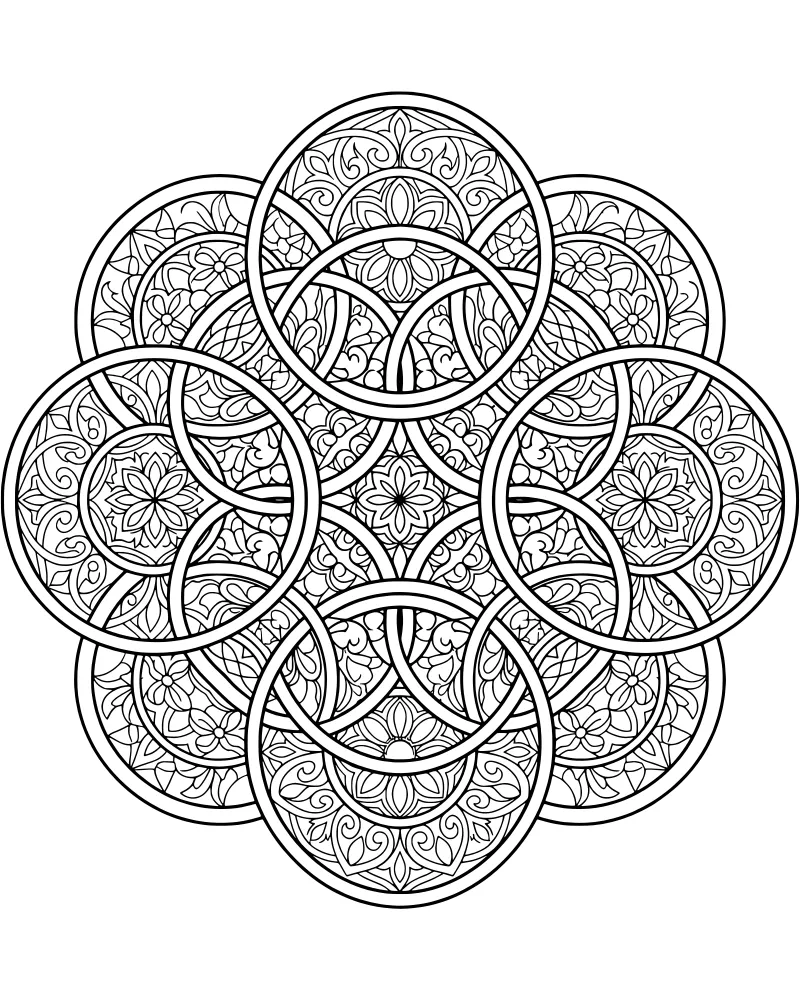 A highly detailed geometric mandala with overlapping circles, floral motifs, and symmetrical swirling patterns.
