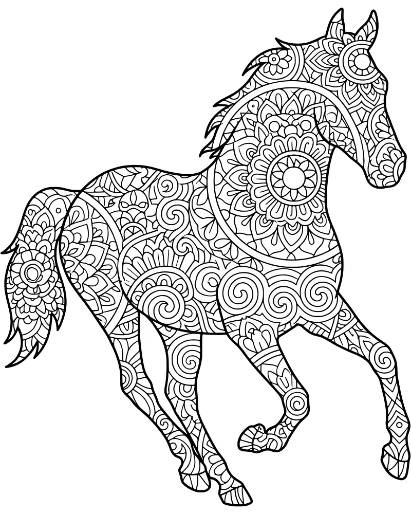 A detailed mandala horse in a galloping pose filled with intricate floral and geometric patterns, flowing mane, and decorative swirls.