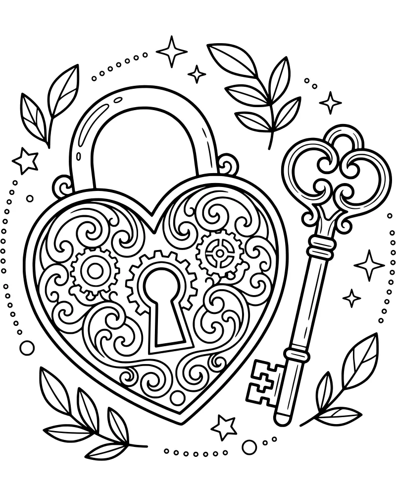 A highly detailed heart-shaped padlock with gears and scrollwork next to an ornate key surrounded by stars and leaves.