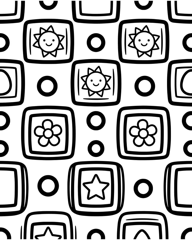 A repeating pattern of cartoon smiling suns, simple flowers, and stars inside square frames with small circles between them.