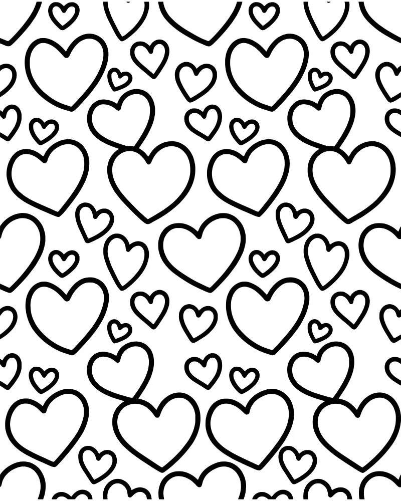 A repeating pattern of various sized cartoon hearts with bold outlines for coloring.