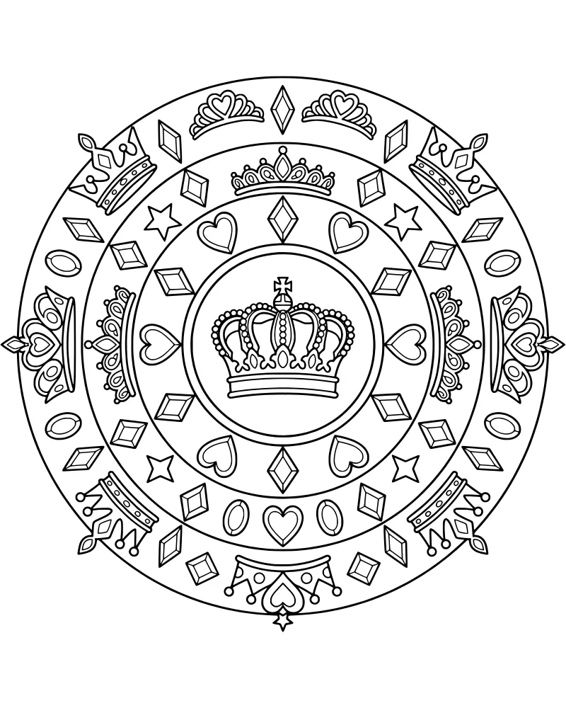 A circular mandala coloring page featuring a large central crown surrounded by tiaras, hearts, stars, and oval gemstones.