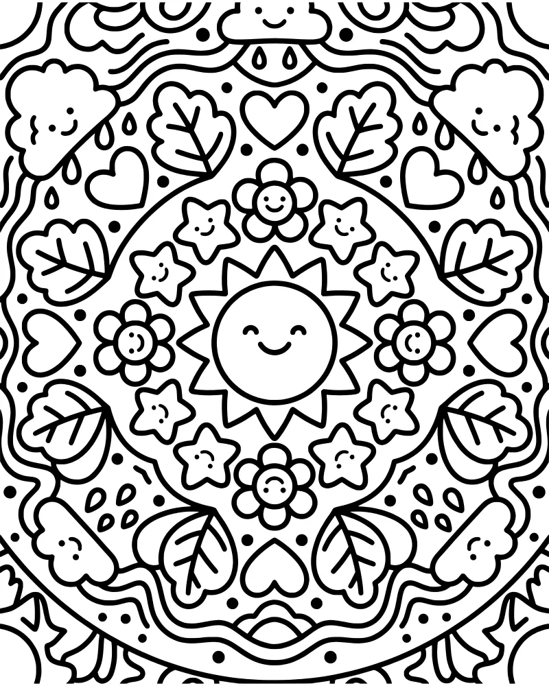 A symmetrical mandala pattern featuring a central smiling sun, happy clouds, flowers, stars, and hearts in a cartoon style.