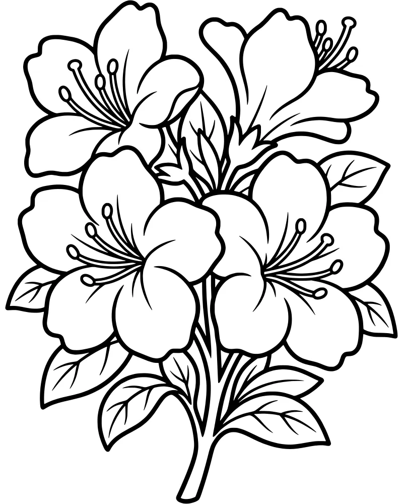 A cluster of blooming flowers with detailed petals, stamens, and leaves in a nature-themed coloring scene.