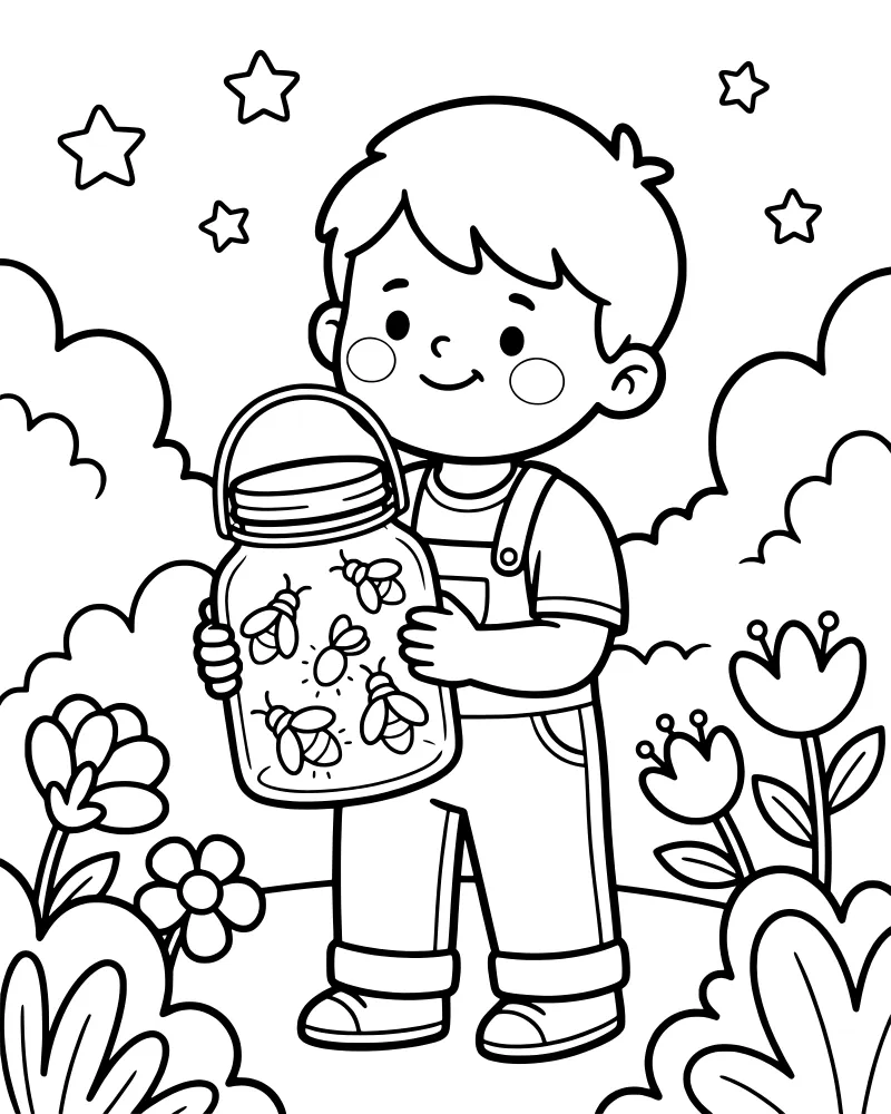 A cartoon boy standing in a grassy garden at night holding a glass jar filled with glowing fireflies under a starry sky with clouds.