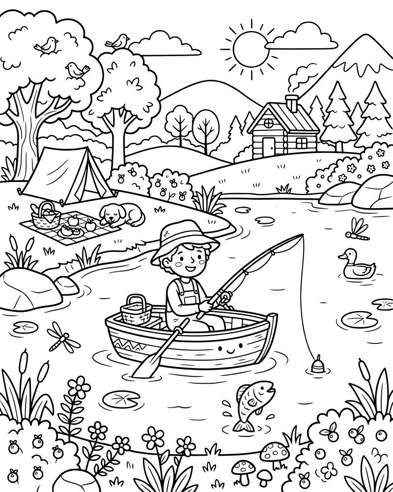A cartoon boy in a boat fishing on a lake with a campsite, tent, dog, and mountains in the background.