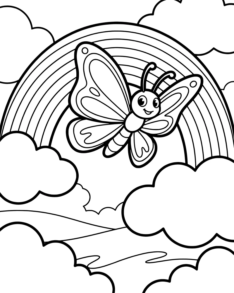 A cartoon butterfly flying in front of a large rainbow with clouds and rolling hills in the background.