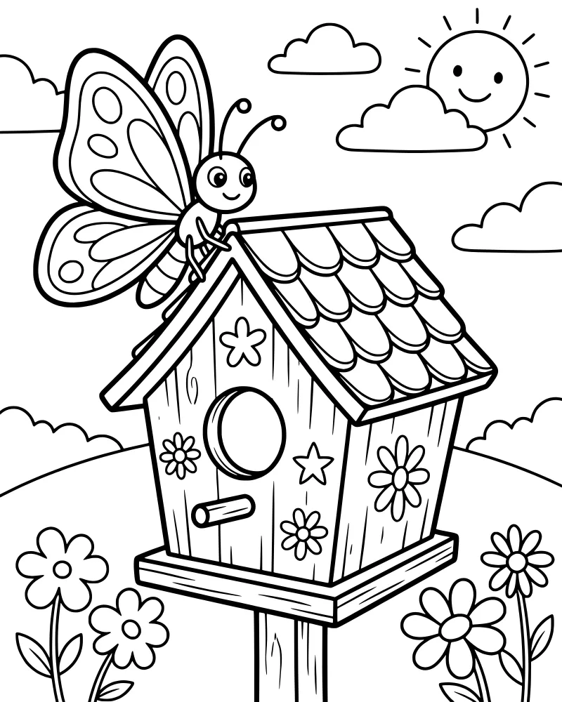A cartoon butterfly perched on a birdhouse in a field of flowers with a smiling sun and clouds in the sky.