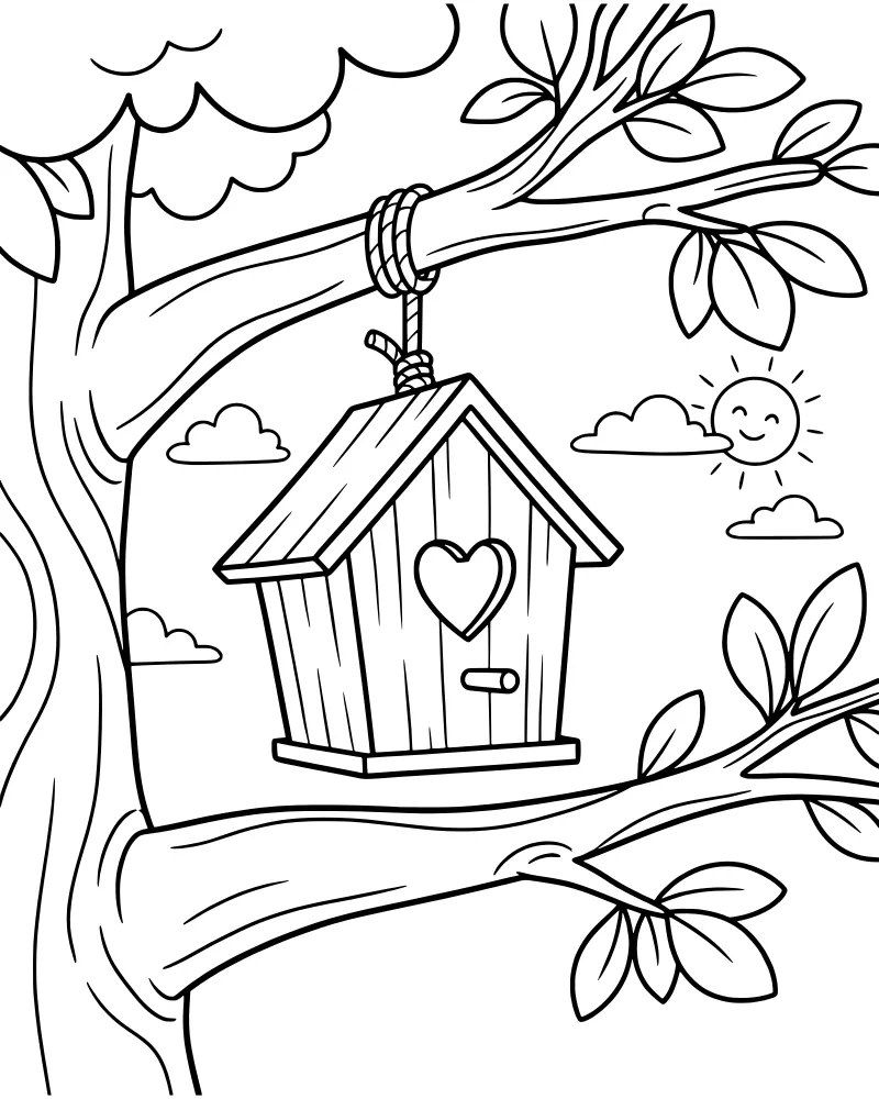 A cartoon birdhouse with a heart detail hanging from a tree branch under a smiling sun and clouds.