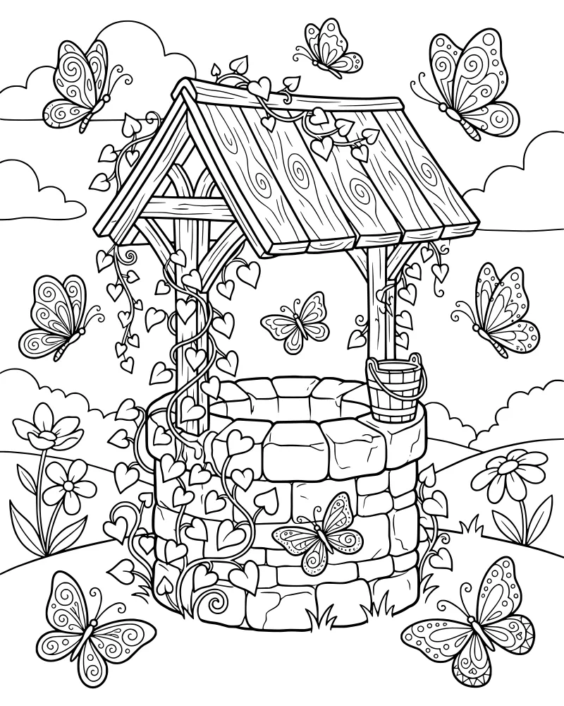 A rustic wishing well with a wooden roof and stone base, surrounded by butterflies and vines with heart-shaped leaves on a grassy hill.
