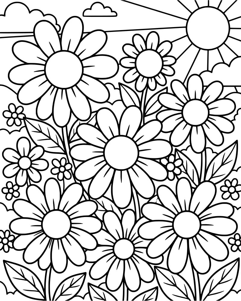 A cartoon field of daisies with a large center flower under a bright sun and clouds.