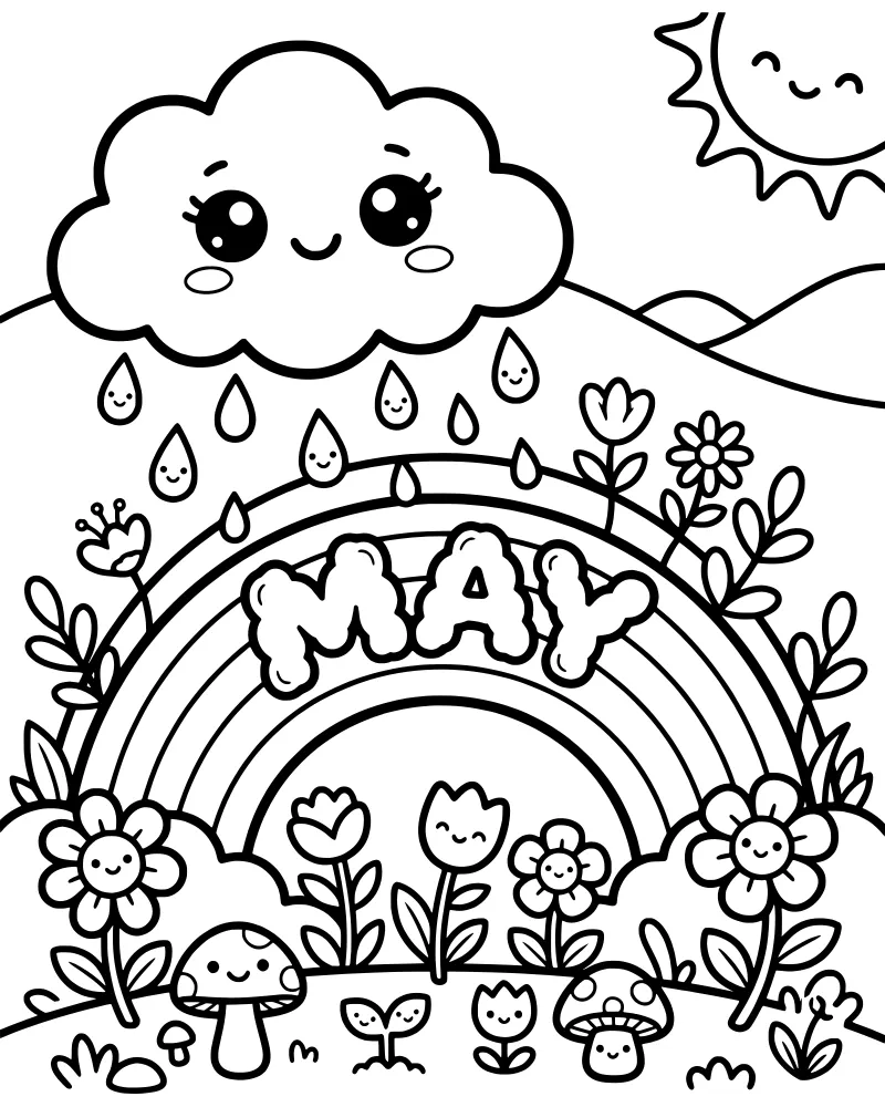 A cartoon spring scene with a smiling sun, a cloud raining on a rainbow, and flowers with faces under the word May.