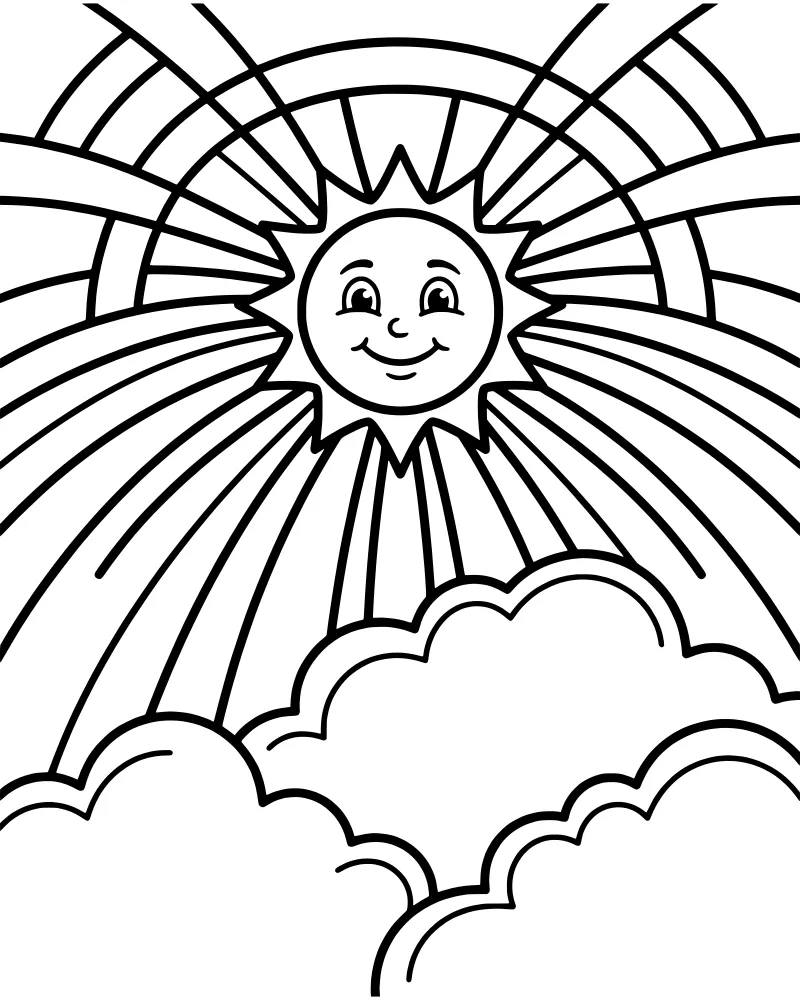A smiling cartoon sun with radiating rays and fluffy clouds in a bright sky with abstract line patterns.