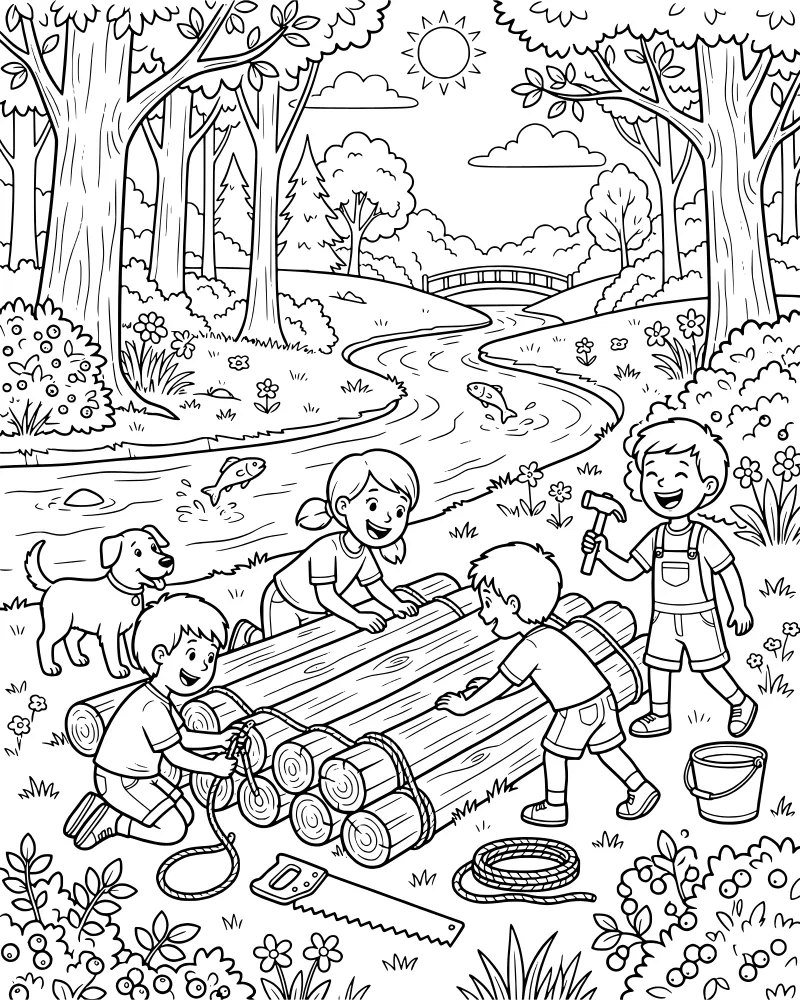 Three children and a dog building a log raft by a river with jumping fish and a bridge in the background