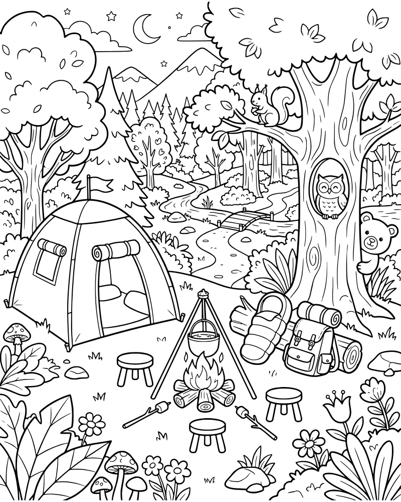 Cartoon forest campsite at night with a tent, campfire, bear cub, owl, river, and mountains under a crescent moon and stars.