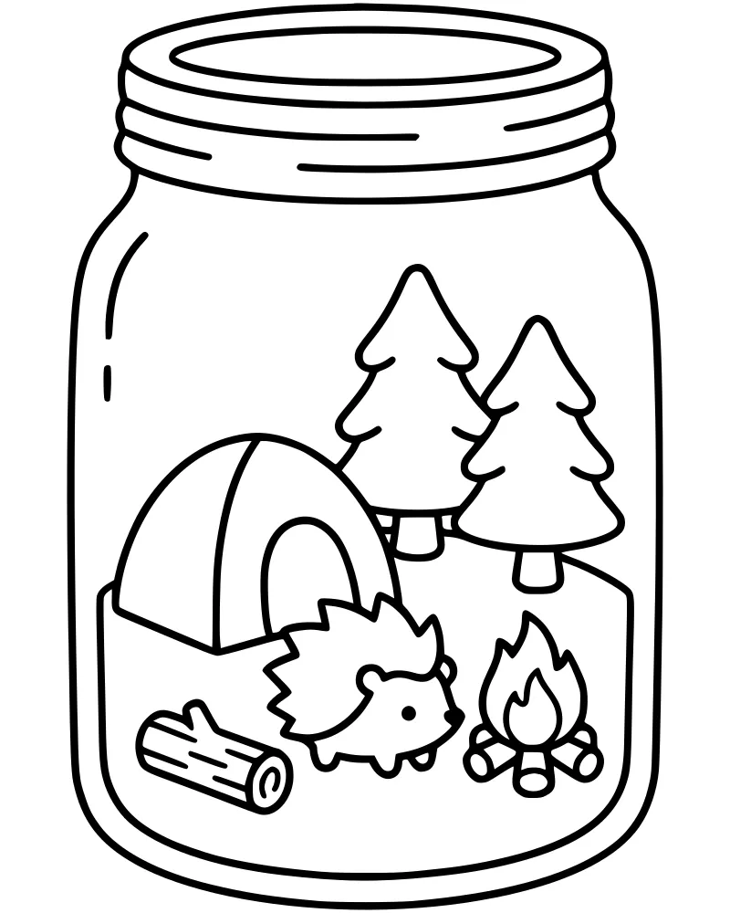 A cartoon hedgehog sitting on a log next to a campfire and a tent inside a mason jar with pine trees in the background.