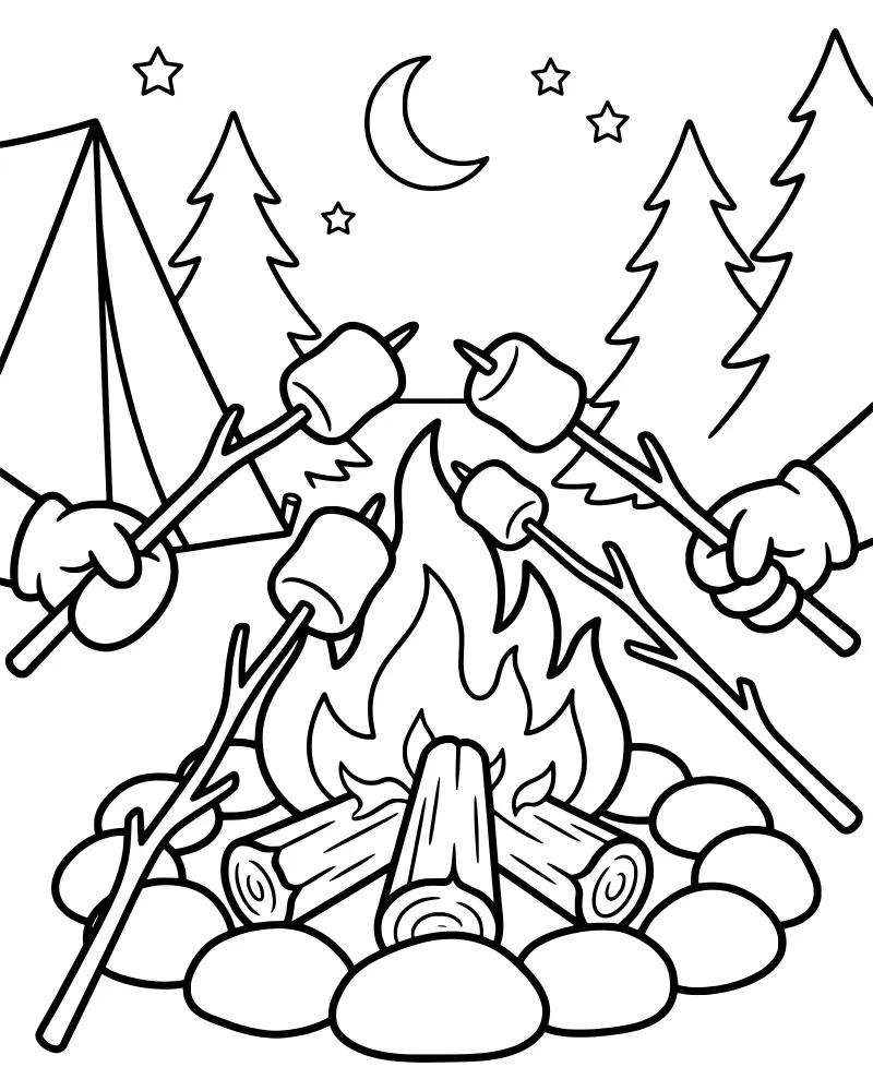 A cartoon camping scene with a tent, a campfire with roasting marshmallows, pine trees, and a crescent moon in a starry sky.