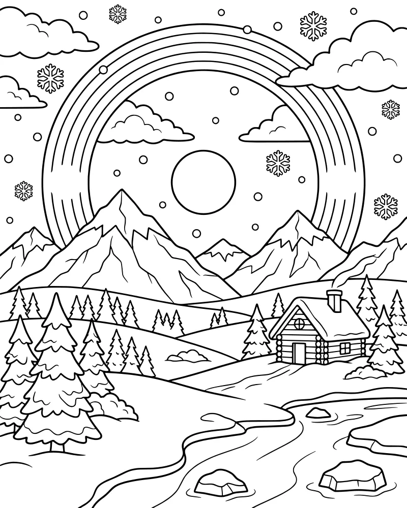 A cartoon-style log cabin in a snowy valley with mountains, a river, a sun, and a rainbow in the sky.