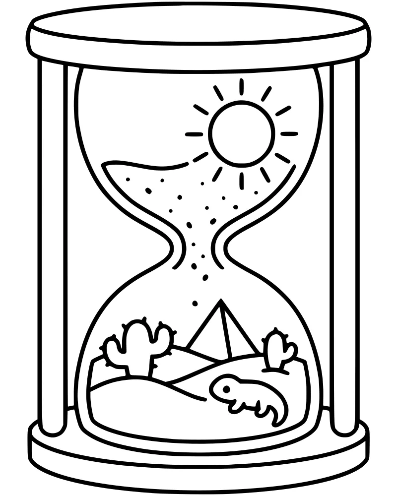 A cartoon hourglass containing a desert scene with a sun, a pyramid, several cacti, and a small lizard sitting on the sand.