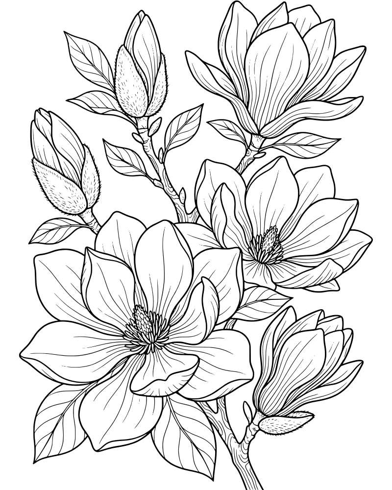 A detailed line drawing of a magnolia branch with large open flowers, fuzzy buds, and smooth leaves.