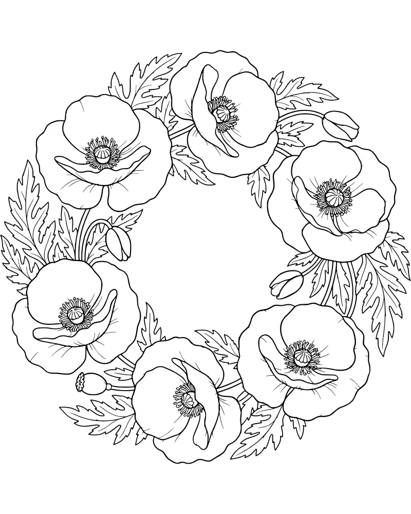 A circular wreath made of poppy flowers, buds, and leaves in a detailed line art style.