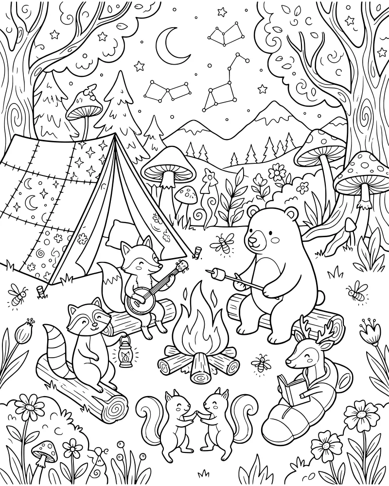 Cartoon forest animals including a bear, fox, and raccoon sitting around a campfire with a tent and mountains under a starry moonlit sky.