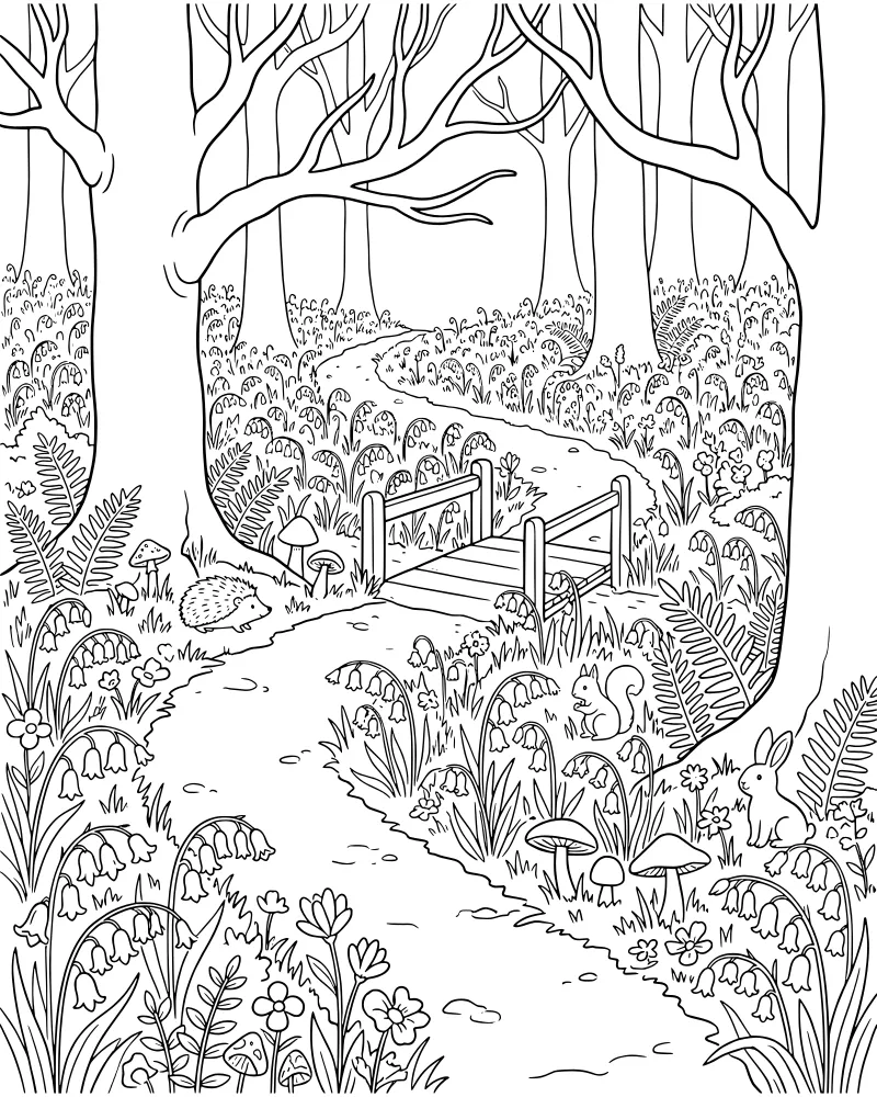 A cartoon forest scene with a wooden bridge, a rabbit, a squirrel, and a hedgehog surrounded by trees and flowers.