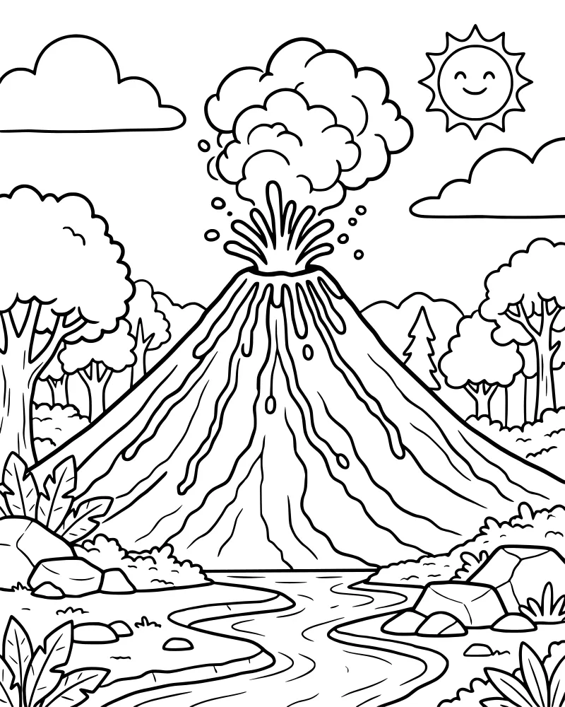 A cartoon erupting volcano with lava flowing down its sides, a smoke plume, a river in the foreground, and a smiling sun in the sky.