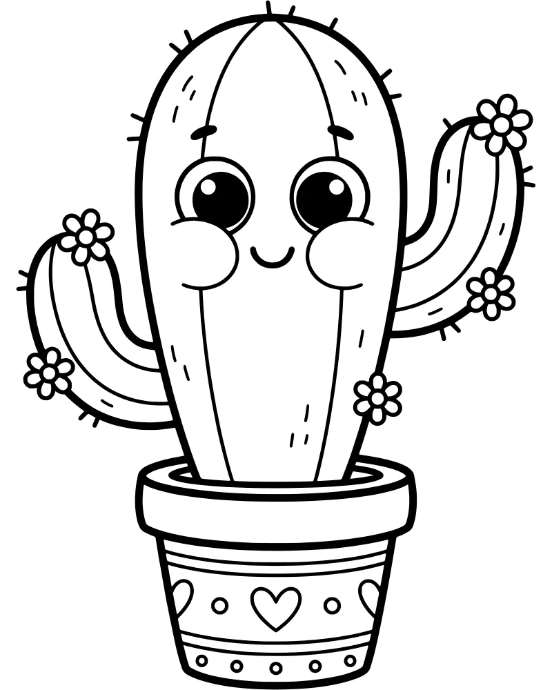 A smiling cartoon cactus with flowers on its arms sitting in a flower pot decorated with a heart and dots.