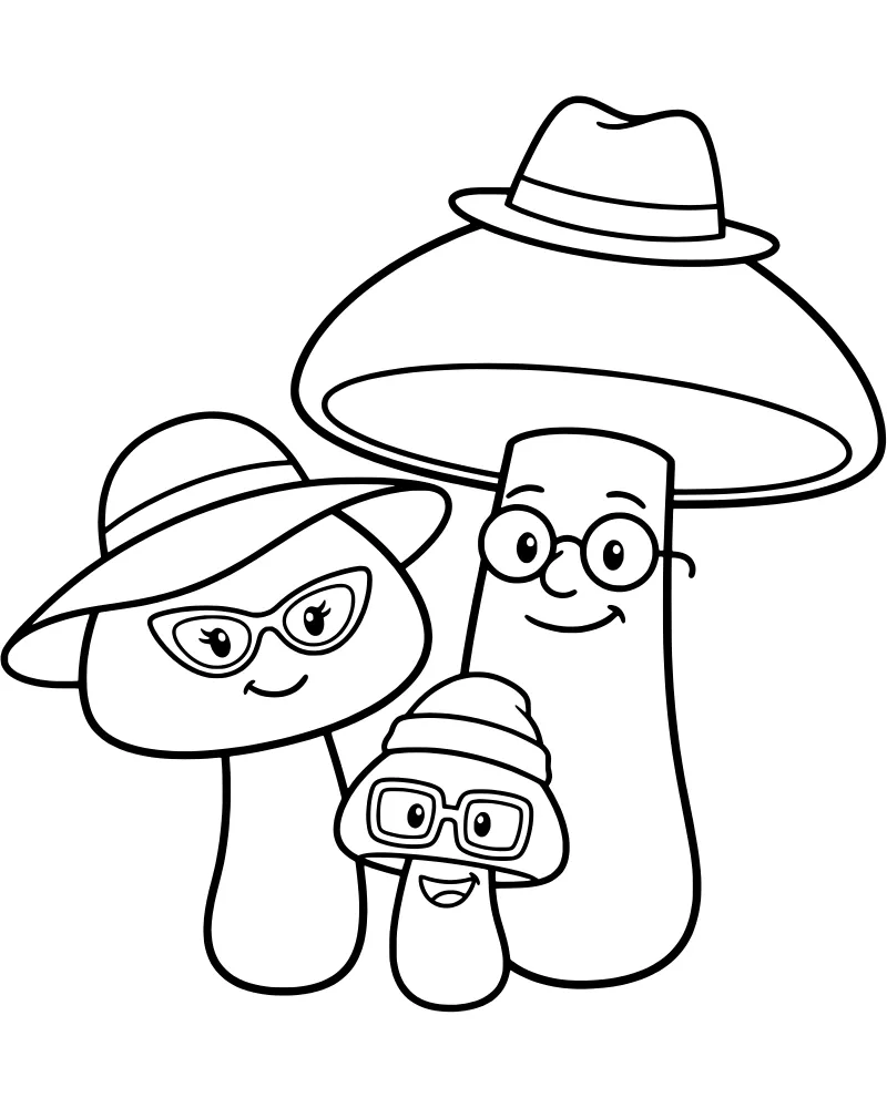 A cartoon family of three mushrooms with faces, wearing various hats and round glasses standing together.