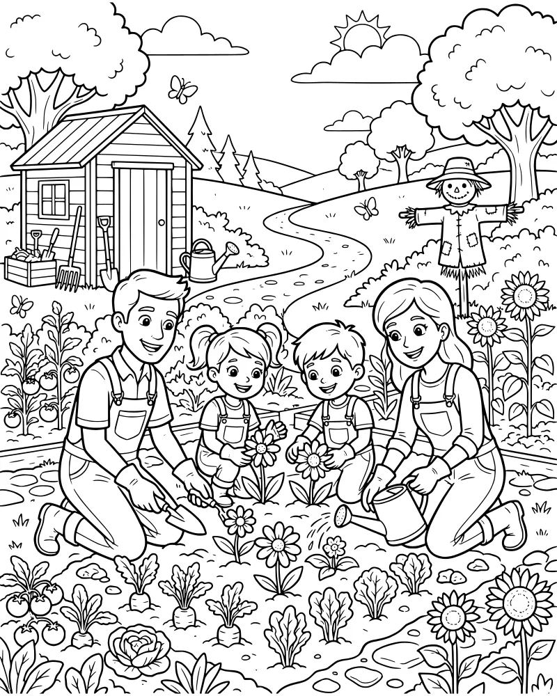 A cartoon family gardening together in a vegetable patch with a scarecrow, garden shed, and sunflowers under a bright sun.