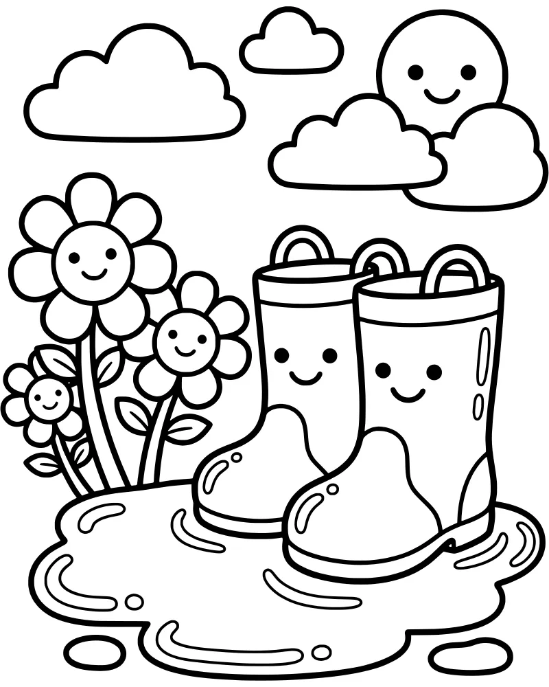 Cartoon rain boots with faces standing in a puddle with smiling flowers and a sun in the background.