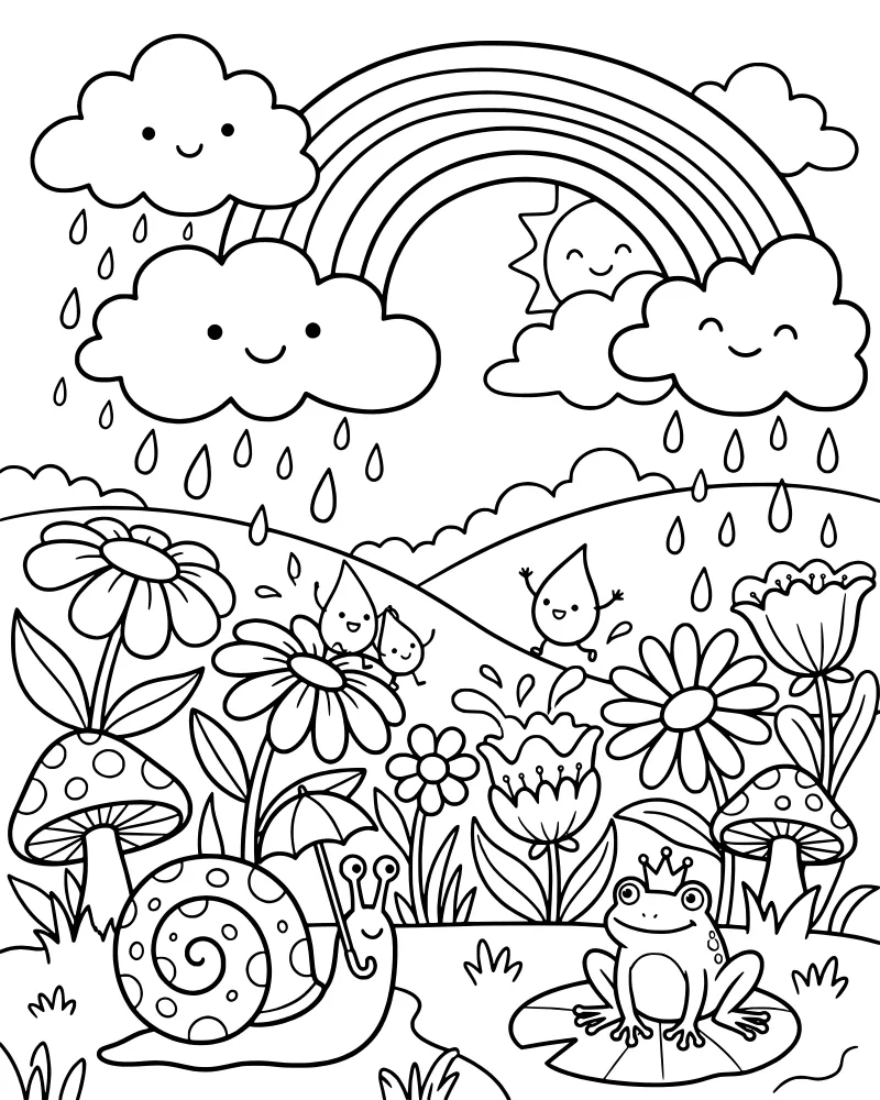 A cartoon frog on a lily pad and a snail with an umbrella sitting on a mushroom under a rainbow and a smiling sun with raindrops.